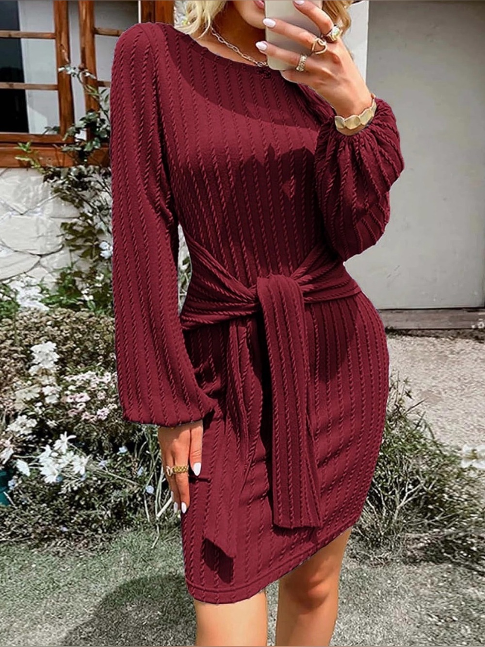 Zeagoo Women's Casual Knit Long Sleeve bodycon Tie Waist Rib Knit Sweater Dress